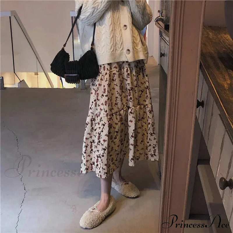 Corduroy High Waist Charming Print Maxi Skirt