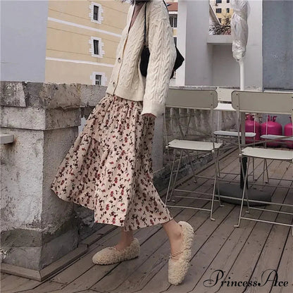 Corduroy High Waist Charming Print Maxi Skirt