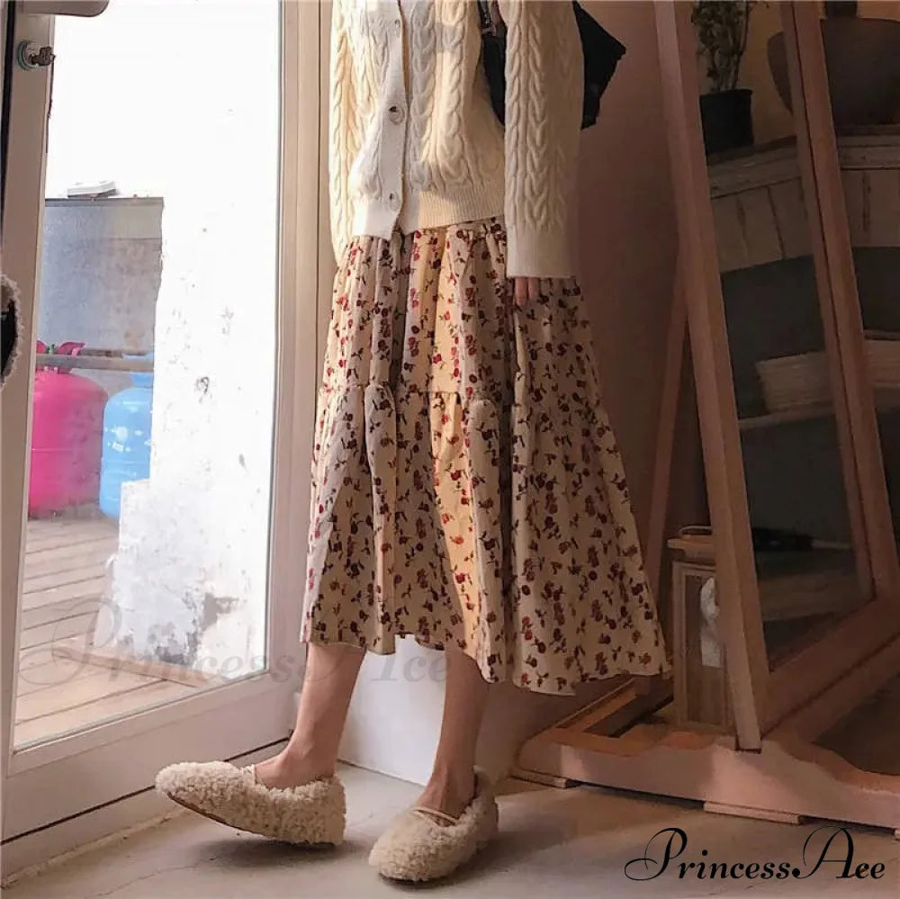 Corduroy High Waist Charming Print Maxi Skirt