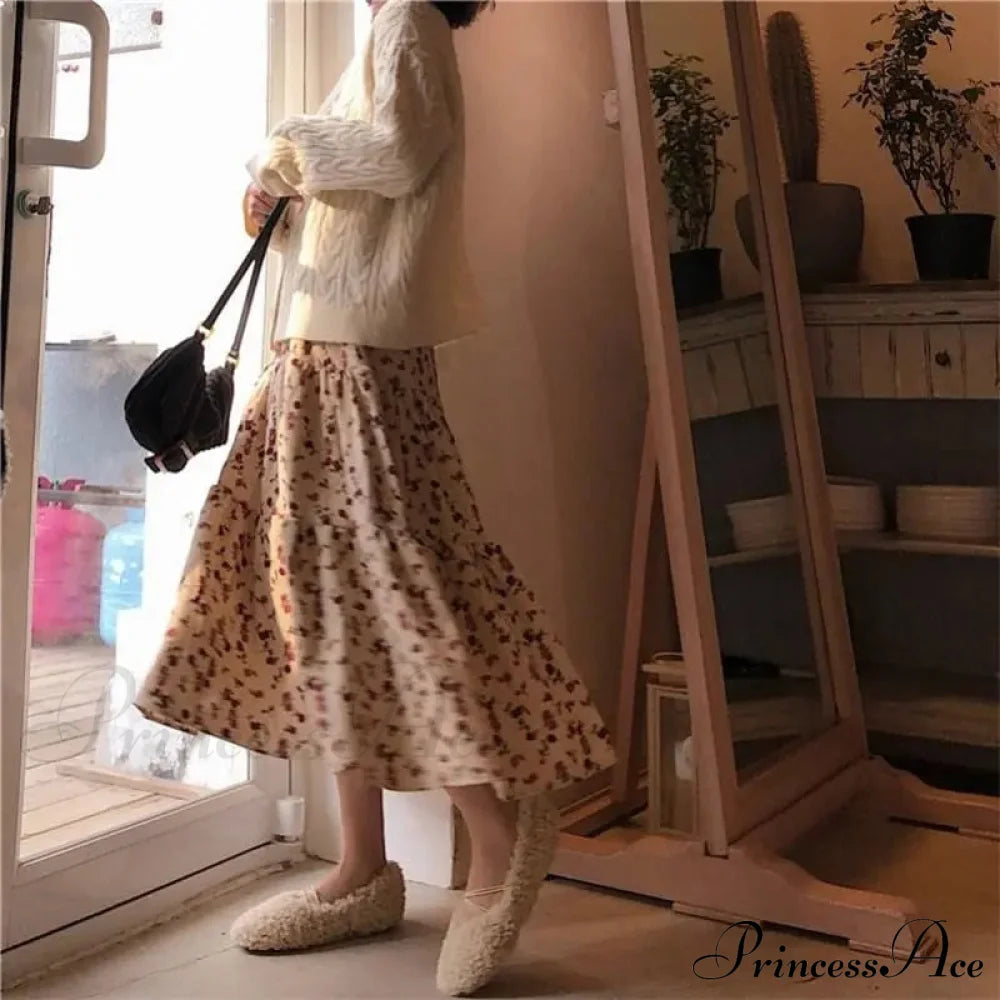 Corduroy High Waist Charming Print Maxi Skirt