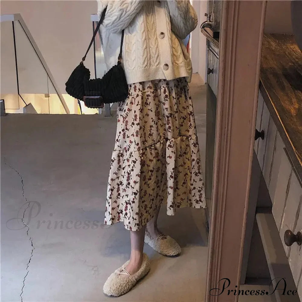 Corduroy High Waist Charming Print Maxi Skirt