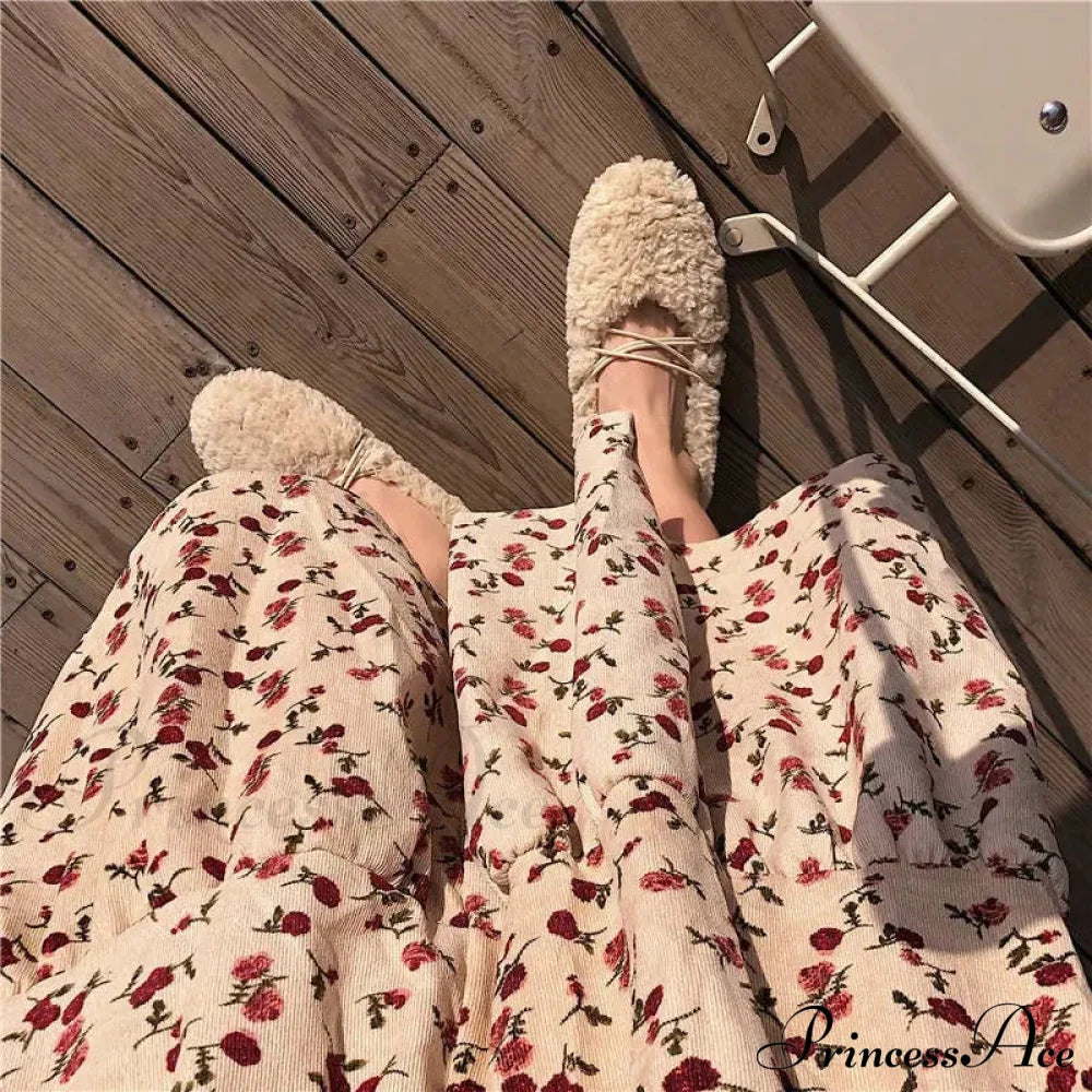 Corduroy High Waist Charming Print Maxi Skirt