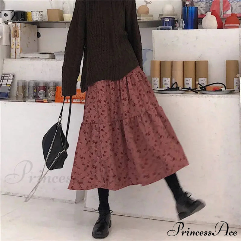 Corduroy High Waist Charming Print Maxi Skirt