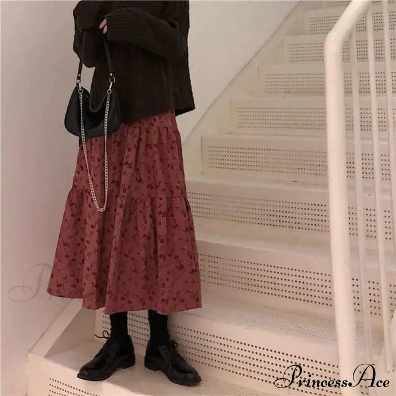 Corduroy High Waist Charming Print Maxi Skirt
