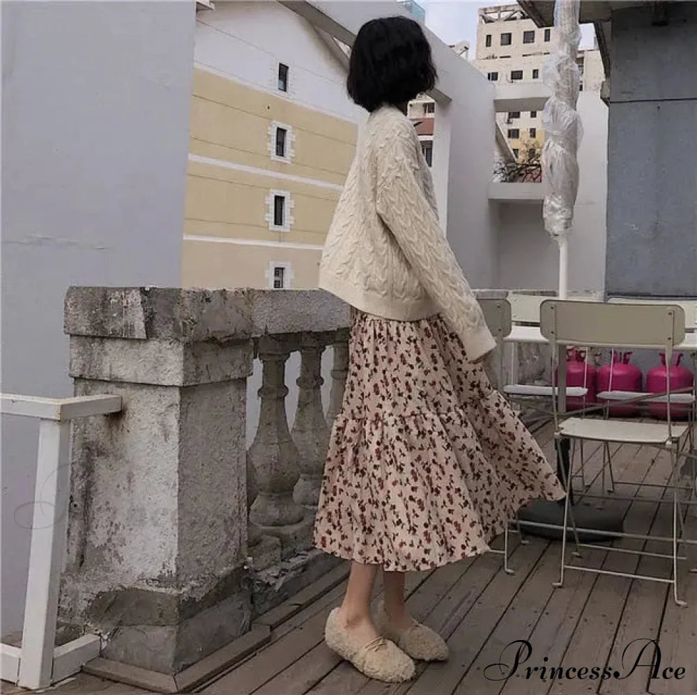 Corduroy High Waist Charming Print Maxi Skirt