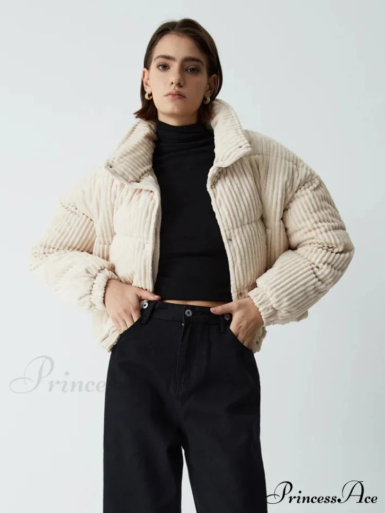 Corduroy Open Graceful Collar Puffer Coat