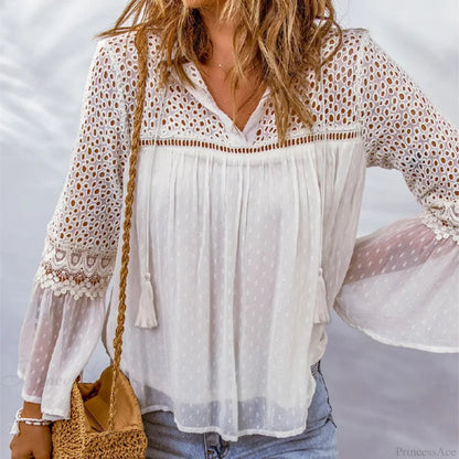 Cotton Embroidery Tassel Splicing Chiffon Blouse