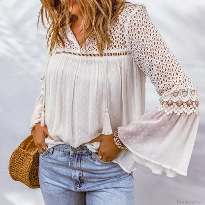 Cotton Embroidery Tassel Splicing Chiffon Blouse