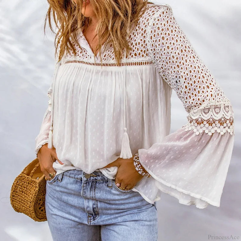 Cotton Embroidery Tassel Splicing Chiffon Blouse