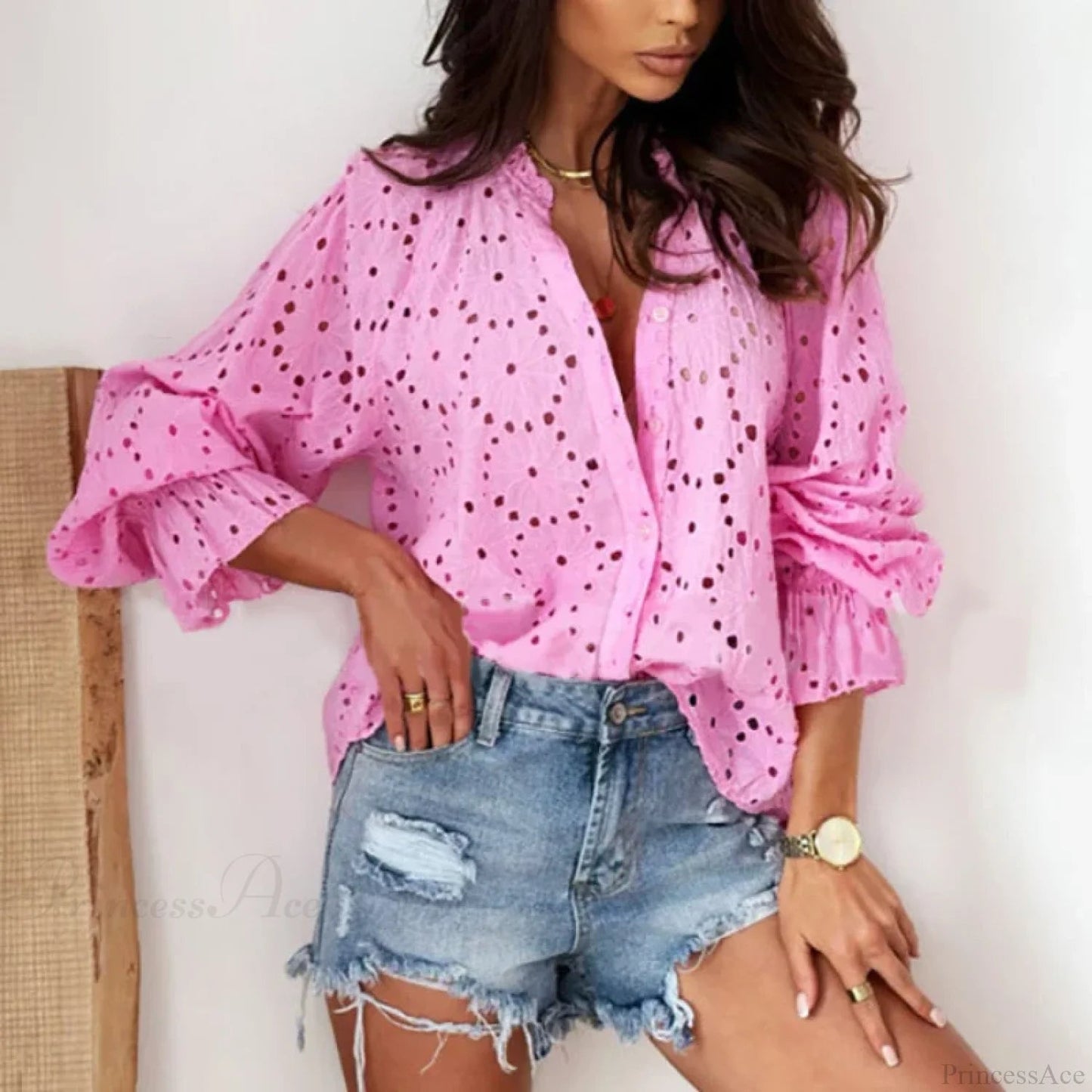 Cotton Embroidery V-neck Long Sleeve Blouse