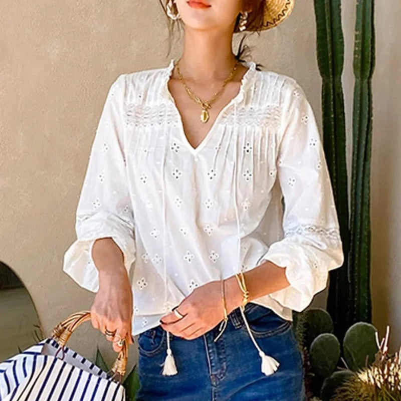 Cotton Embroidery White Lace V-neck Blouse