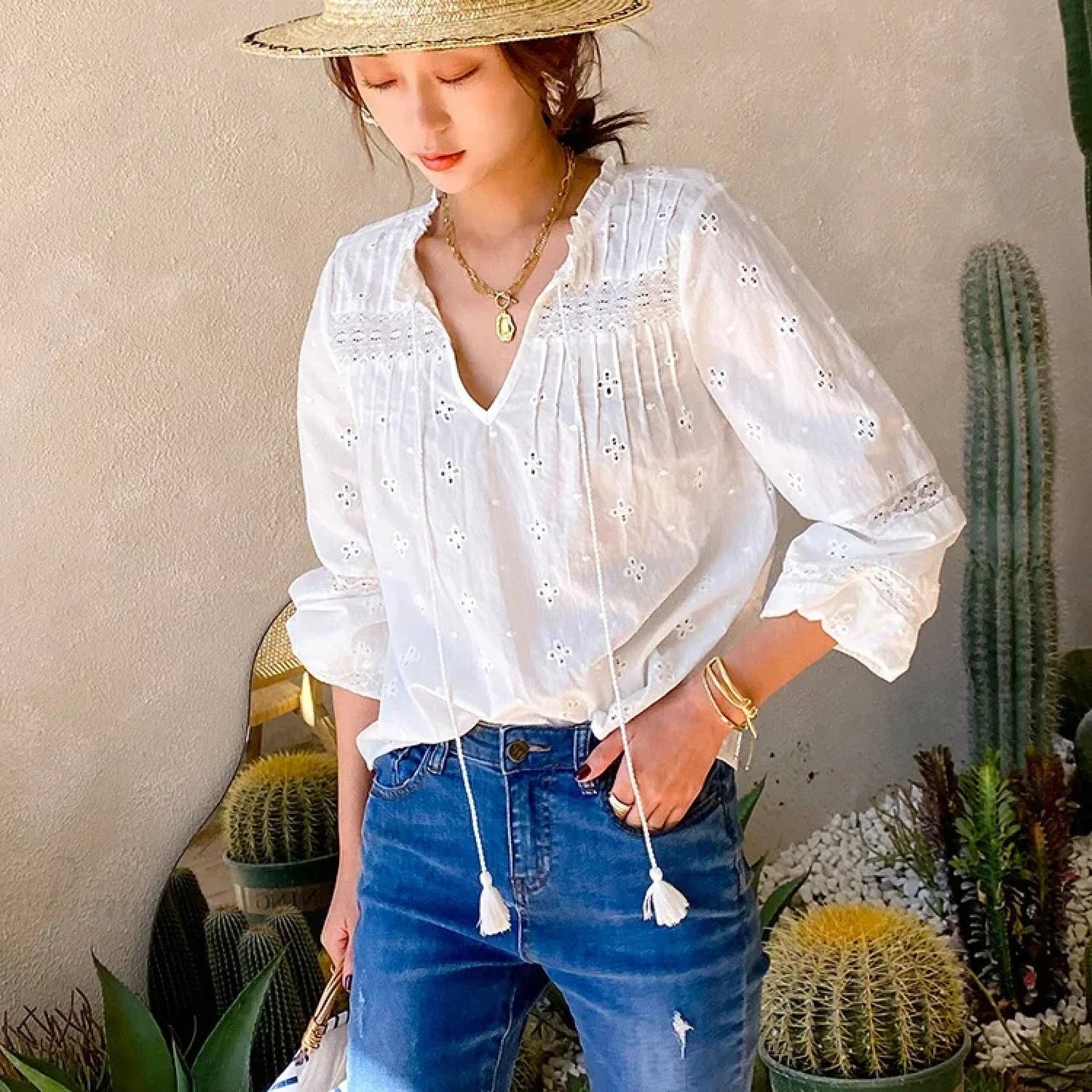 Cotton Embroidery White Lace V-neck Blouse