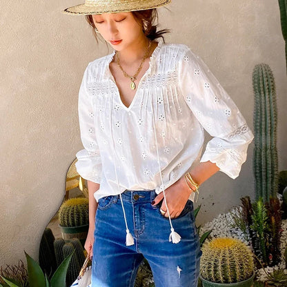 Cotton Embroidery White Lace V-neck Blouse
