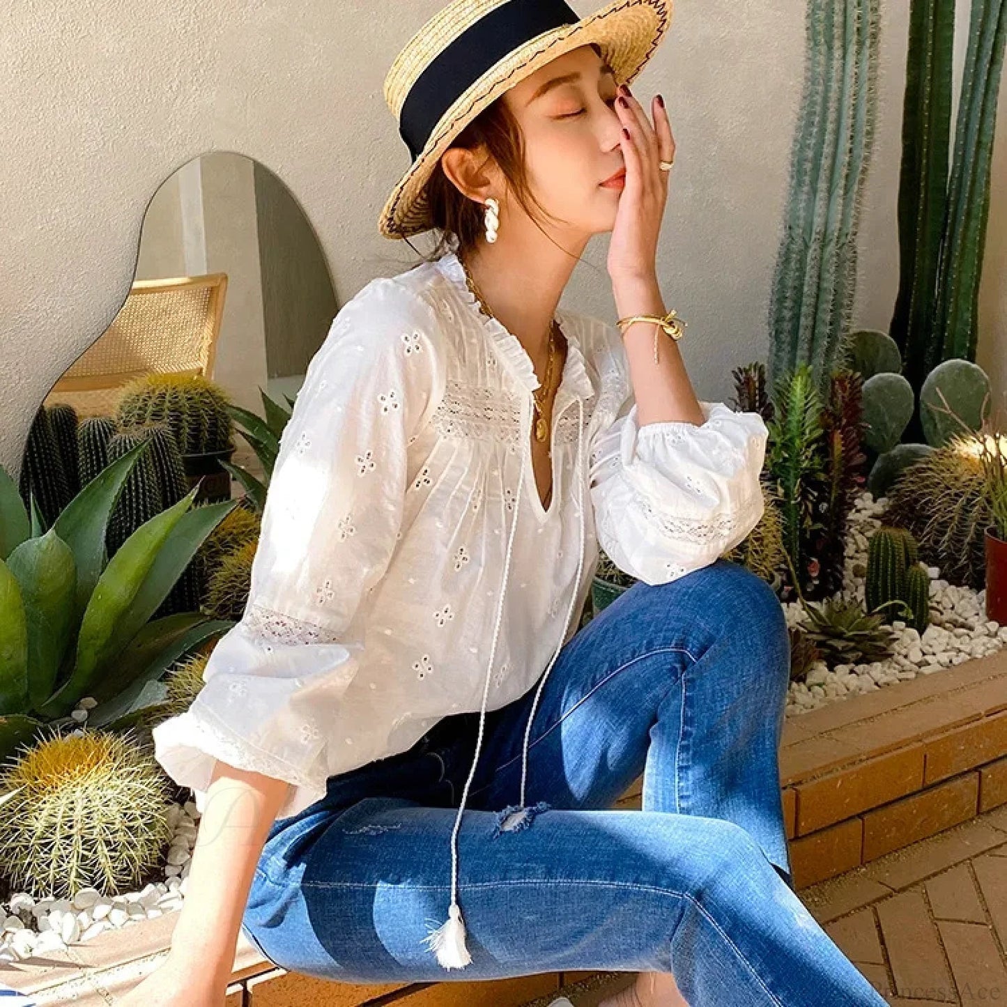 Cotton Embroidery White Lace V-neck Blouse