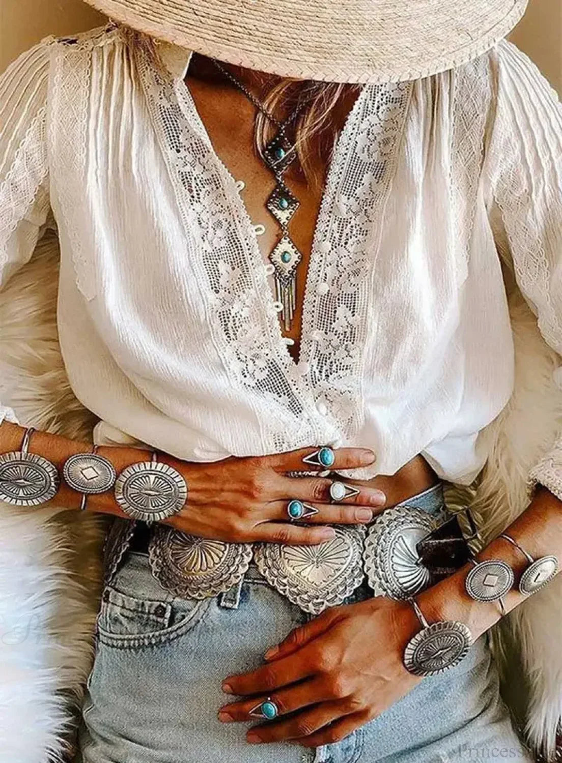 Cotton Embroidery White Lace V-neck Blouse