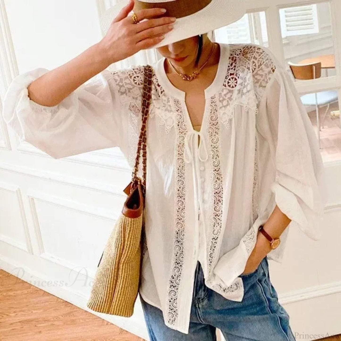 Cotton Embroidery White Lace V-neck Blouse