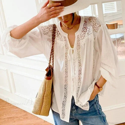 Cotton Embroidery White Lace V-neck Blouse