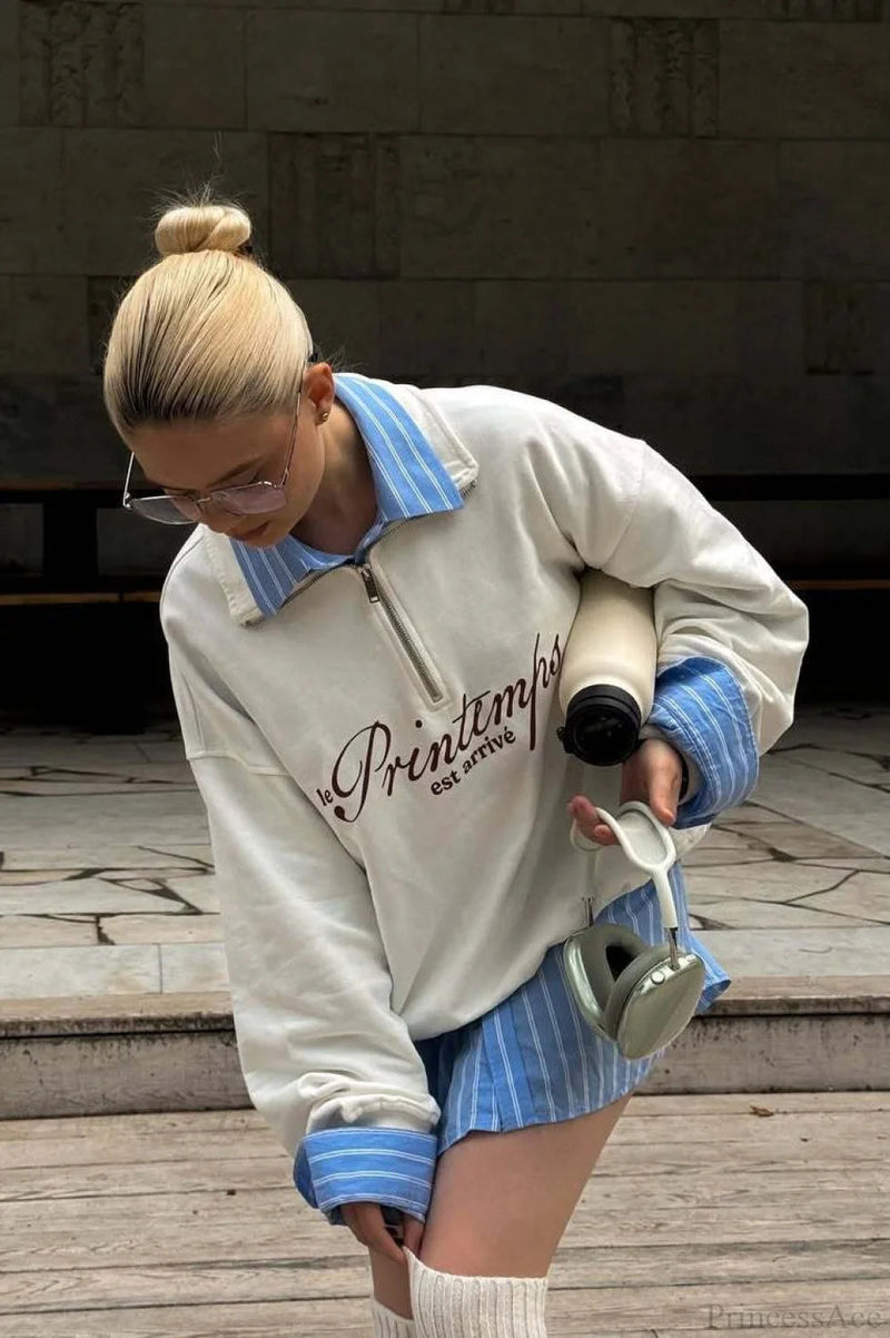 Cotton Letter Print Half-zip Long Sleeve Sweatshirt