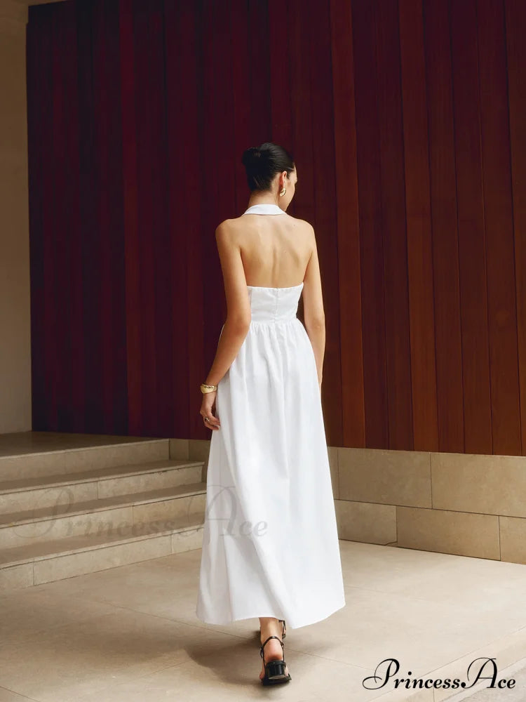 Cotton & Linen Halter Modern a Line Long Dress