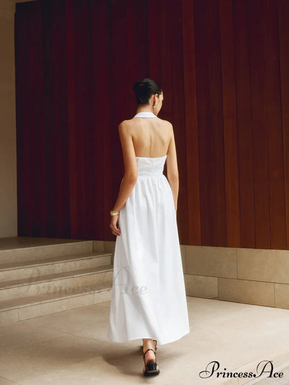 Cotton & Linen Halter Modern a Line Long Dress
