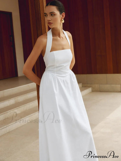 Cotton & Linen Halter Modern a Line Long Dress