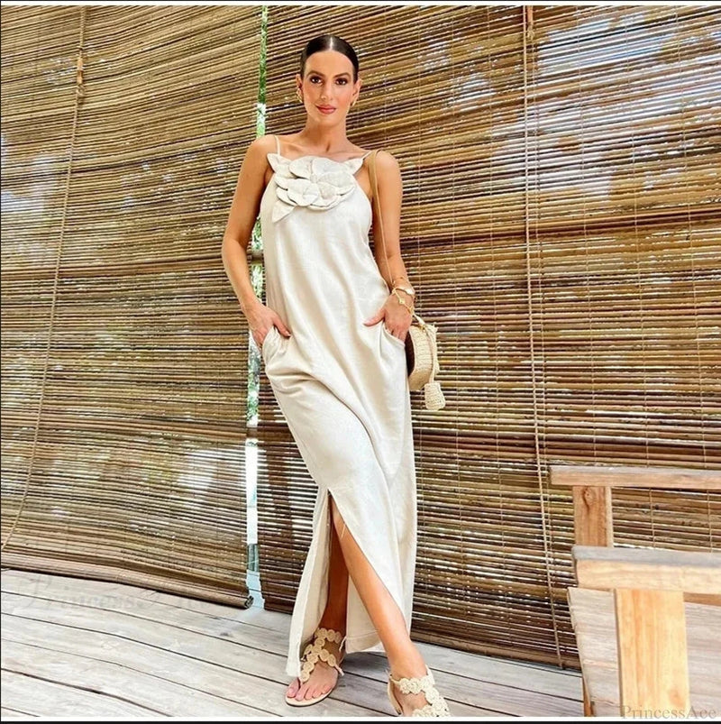 Cotton Linen Split 3d Flower Sling Maxi Dress