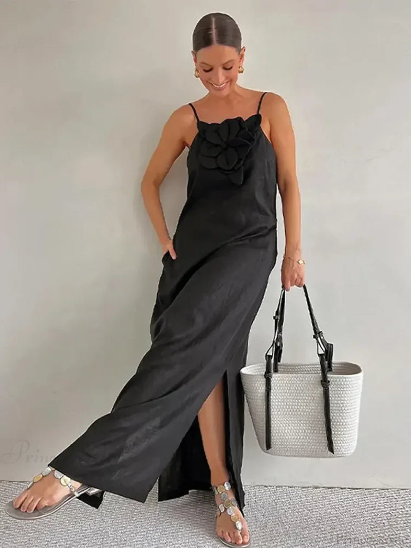 Cotton Linen Split 3d Flower Sling Maxi Dress