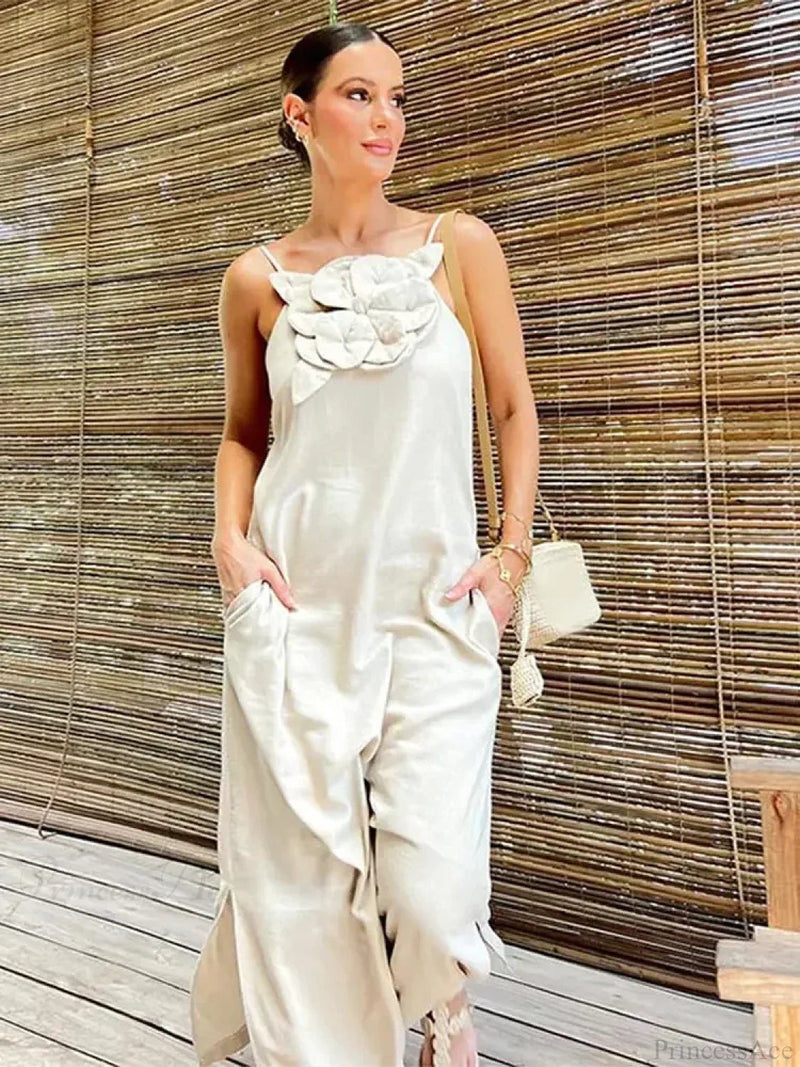 Cotton Linen Split 3d Flower Sling Maxi Dress