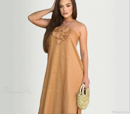 Cotton Linen Split 3d Flower Sling Maxi Dress