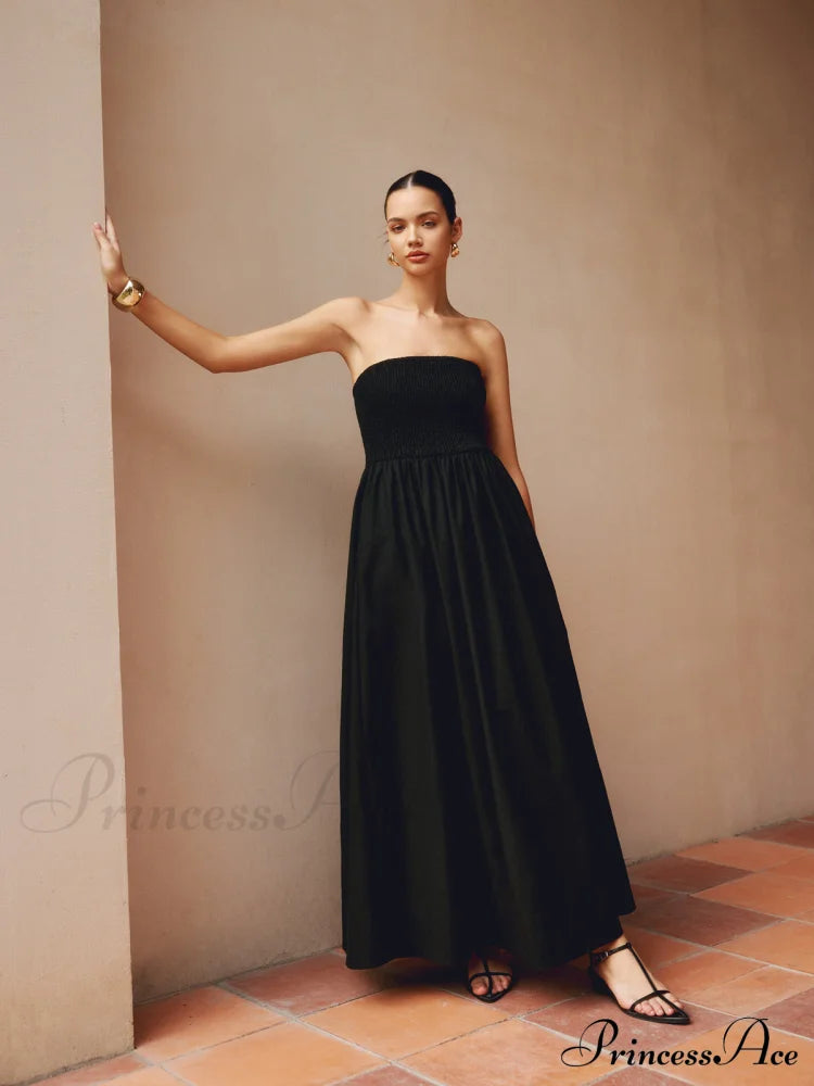Cotton & Linen Pleat Strapless Long Dress