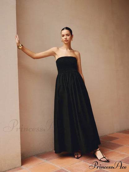 Cotton & Linen Pleat Strapless Long Dress