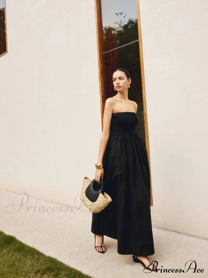 Cotton & Linen Pleat Strapless Long Dress