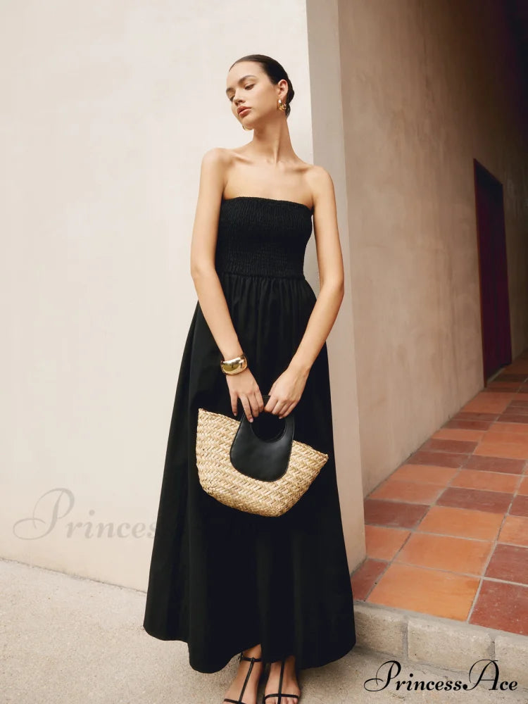 Cotton & Linen Pleat Strapless Long Dress