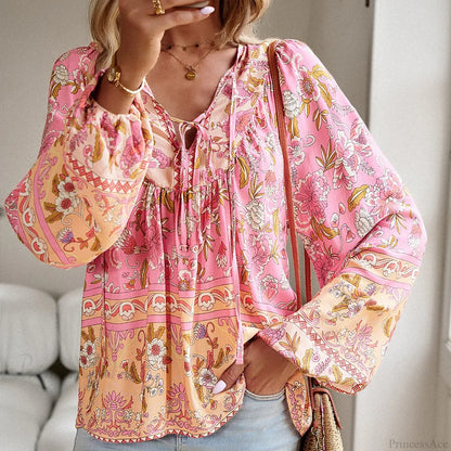 Cotton Rayon Printed Long Sleeve Beach Blouse