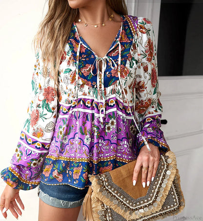Cotton Rayon Printed Long Sleeve Beach Blouse