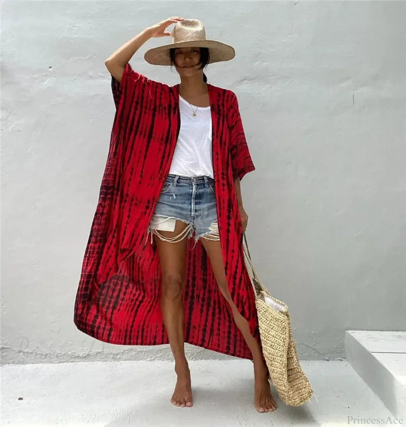 Cotton Rayon Striped Print Cardigan Beach Cover Up