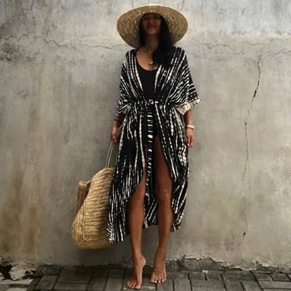 Cotton Rayon Striped Print Cardigan Beach Cover Up