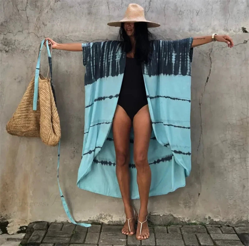 Cotton Rayon Striped Print Cardigan Beach Cover Up