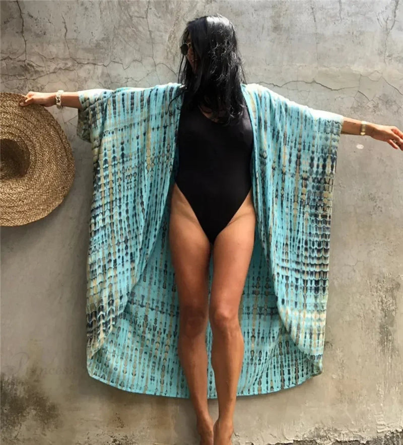 Cotton Rayon Striped Print Cardigan Beach Cover Up