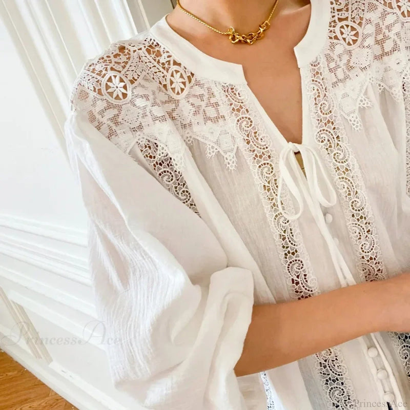 Cotton White Lace Lantern Sleeve Oversize Blouse