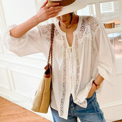 Cotton White Lace Lantern Sleeve Oversize Blouse