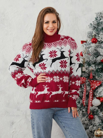 Couples Elk Print Long Sleeve Turtleneck Warm Knitted Christmas Sweater