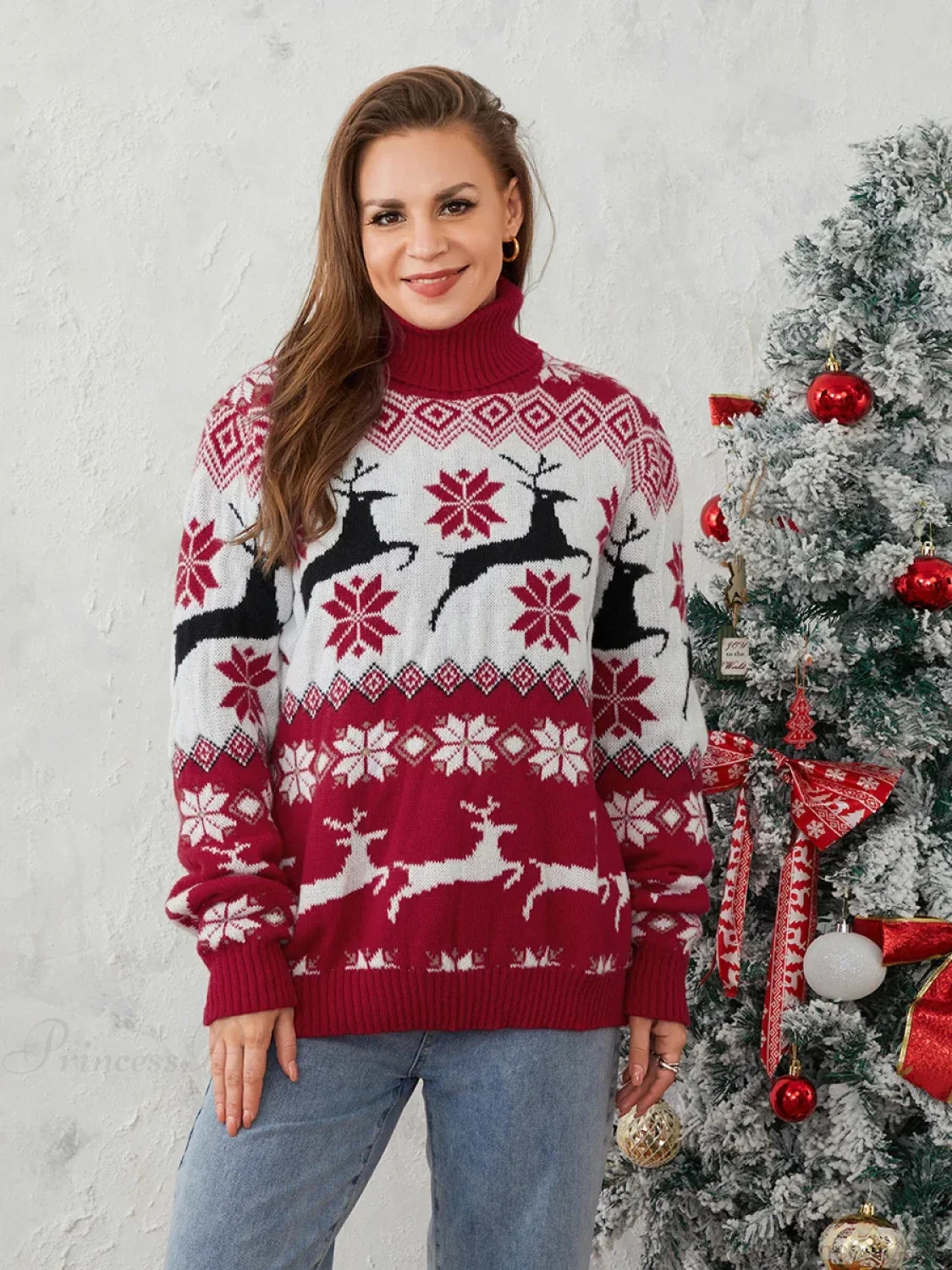 Couples Elk Print Long Sleeve Turtleneck Warm Knitted Christmas Sweater