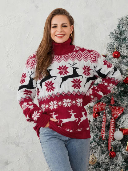 Couples Elk Print Long Sleeve Turtleneck Warm Knitted Christmas Sweater