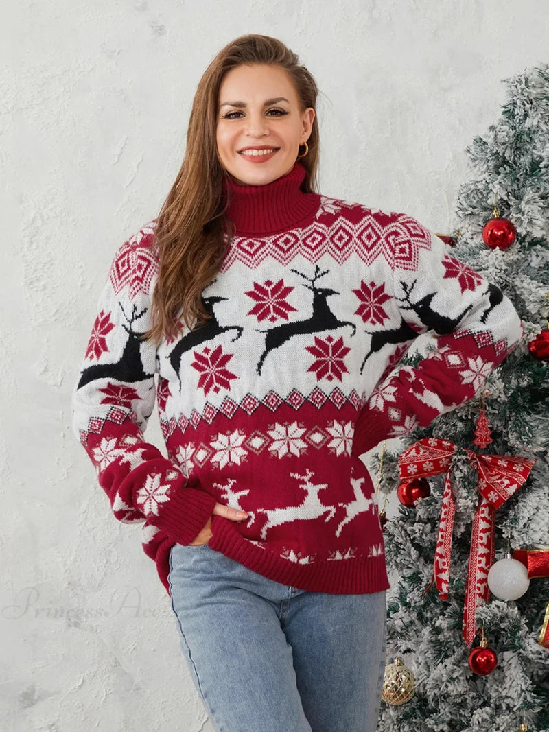 Couples Elk Print Long Sleeve Turtleneck Warm Knitted Christmas Sweater