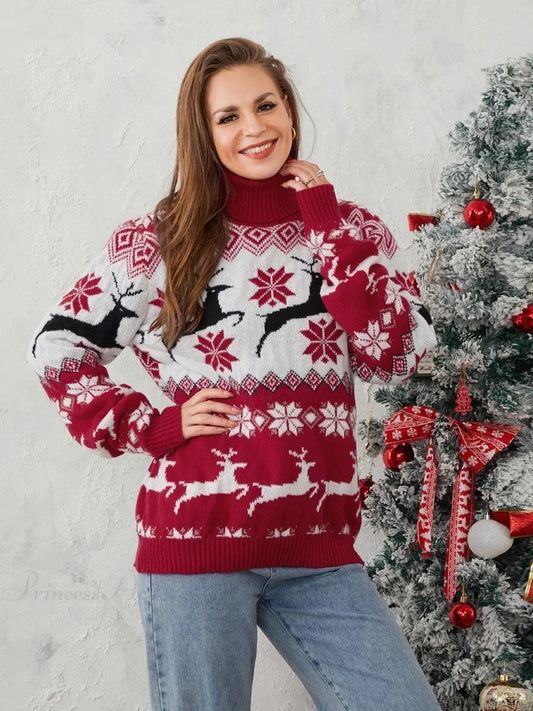 Couples Elk Print Long Sleeve Turtleneck Warm Knitted Christmas Sweater