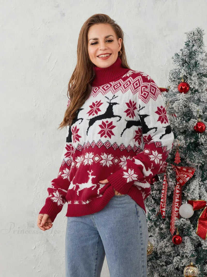 Couples Elk Print Long Sleeve Turtleneck Warm Knitted Christmas Sweater
