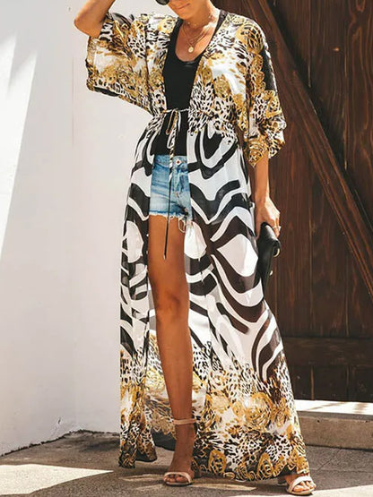 Chiffon Leopard&zebra Short Sleeve Loose Cardigan Cover-up Swimwear