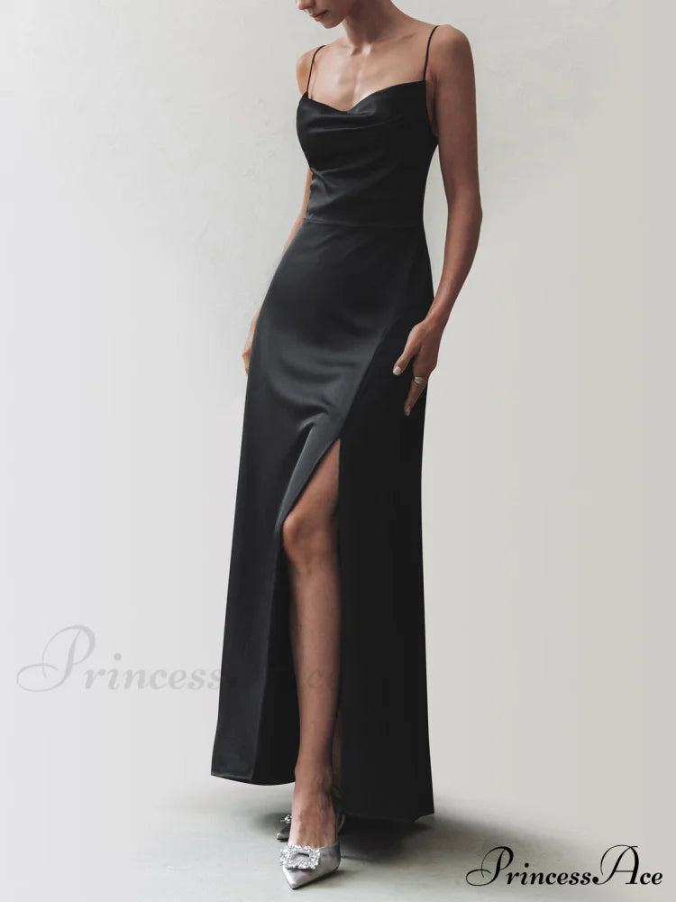 Cowl Neck Satin Slit Long Dress