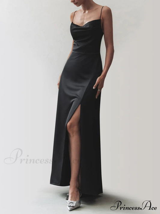 Cowl Neck Satin Slit Long Dress